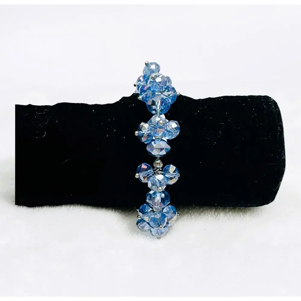 Vintage Ice Blue Cluster Crystal Glass Iridescent Beads & Silver Balls Bracelet